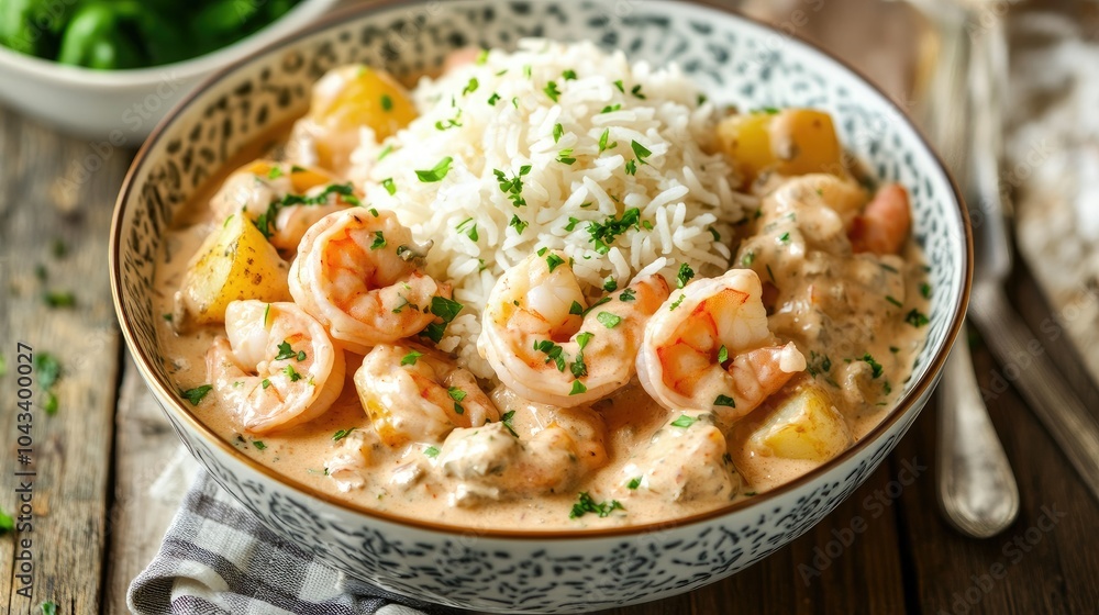A colorful bowl of shrimp stroganoff with fluffy rice and crispy straw potatoes, set on a rustic wooden table for an inviting look. A colorful bowl of shrimp stroganoff with fluffy rice and crispy straw potatoes, set on a rustic wooden table for an inviting look.