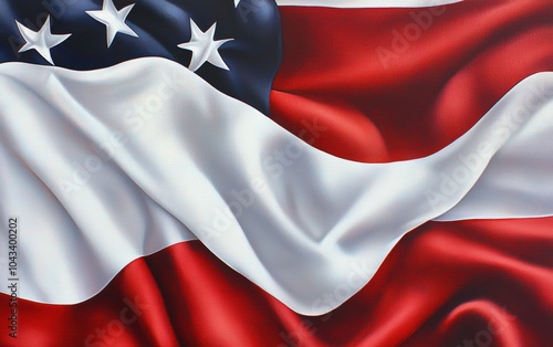 High-detail view of the American flag rippling in the wind, showing the texture of the fabric and the bold red, white, and blue colors photo