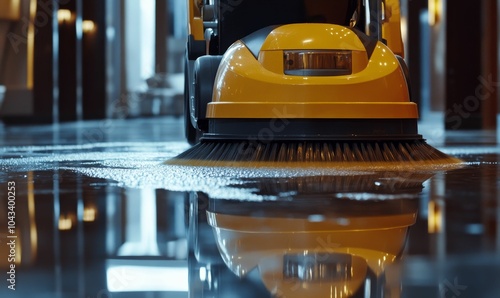 Yellow floor scrubber cleaning wet floor.