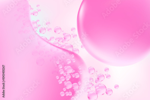 Fluid pink lip balm texture, abstract flowing organic bubble gum blob form. Aesthetic background with copy space. Fluid smooth fluids like gel, collagen, serum texture. Beauty presentation, banner