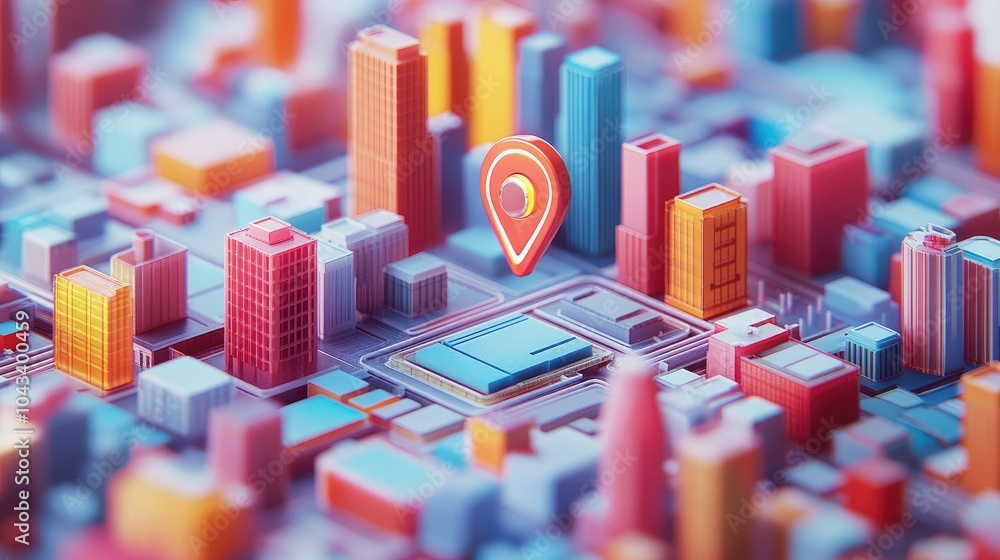 Obraz premium A colorful, highly detailed miniature city with a floating geo pin, symbolizing how geofencing technology is transforming urban areas for logistics and advertising.