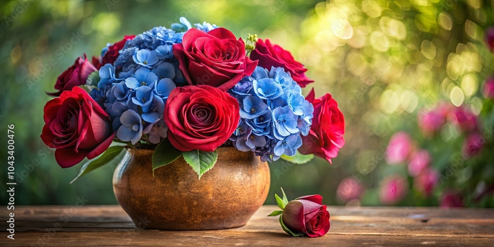 Obraz premium A vibrant bouquet of crimson roses and delicate blue blossoms, arranged in a rustic earthenware vase, rests on a weathered wooden surface, bathed in the soft glow of natural light.