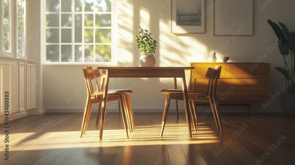 Fototapeta premium A cozy mid-century modern Scandinavian dining room, featuring sleek wood chairs, a simple table, and soft muted tones, with minimalistic elegance.