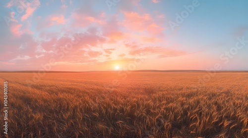 Sunrise over golden wheat field, vibrant sky with soft clouds in pink and orange. Warm sunlight casting golden glow, expansive rural landscape.