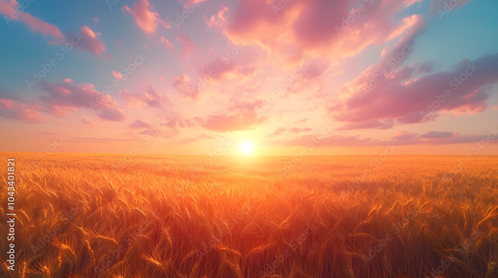Fototapeta premium Sunrise over golden wheat field, vibrant sky with soft clouds in pink and orange. Warm sunlight casting golden glow, expansive rural landscape.