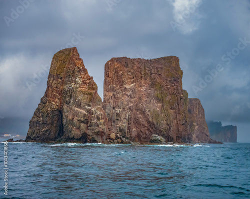 Stunning view of the  Rocher de Percé rock formation from the sea, Gaspésie peninsula, Quebec, Canada photo