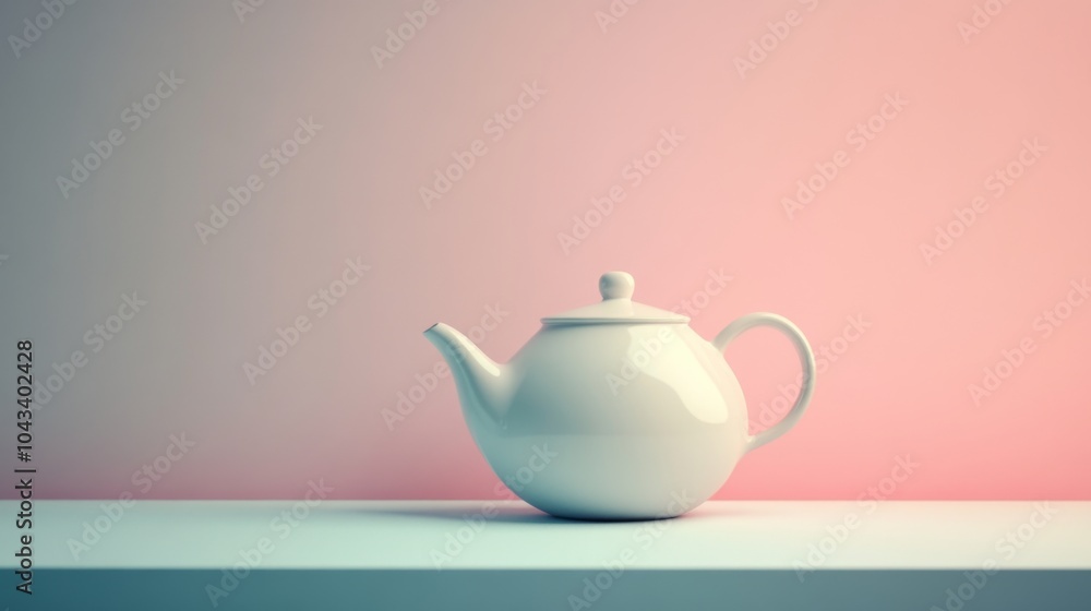 A white teapot sits on a table against a pink and blue gradient wall. A white teapot sits on a table against a pink and blue gradient wall.