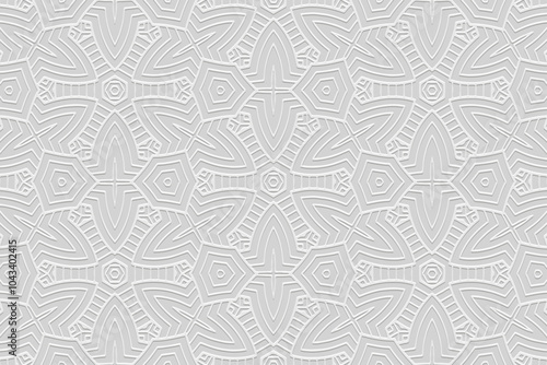 White ethnic background, tribal cover design, banner. Geometric 3D pattern, embossing. Textured ornaments, arabesques, mandala of the East, Asia, India, Mexico, Aztec, Peru. Vintage print.
