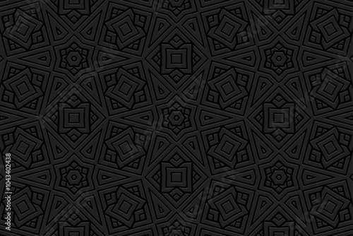 Black ethnic background, tribal cover design, banner. Geometric abstract 3D pattern, embossing. Textured ornaments, arabesques, mandala of the East, Asia, India, Mexico, Aztec, Peru. Vintage print