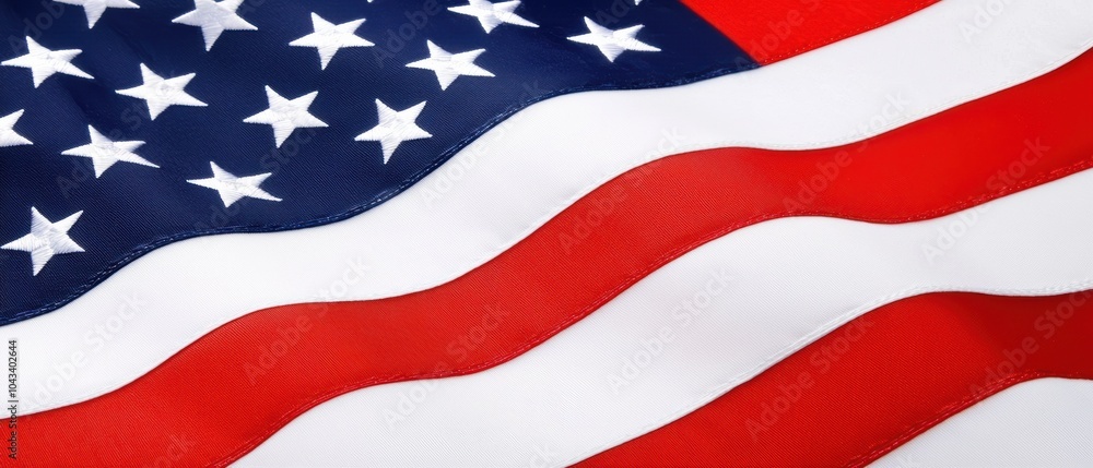 Obraz premium Vibrant and detailed image of the American flag, stars and stripes gently rippling, showcasing the colors and textures of the national banner