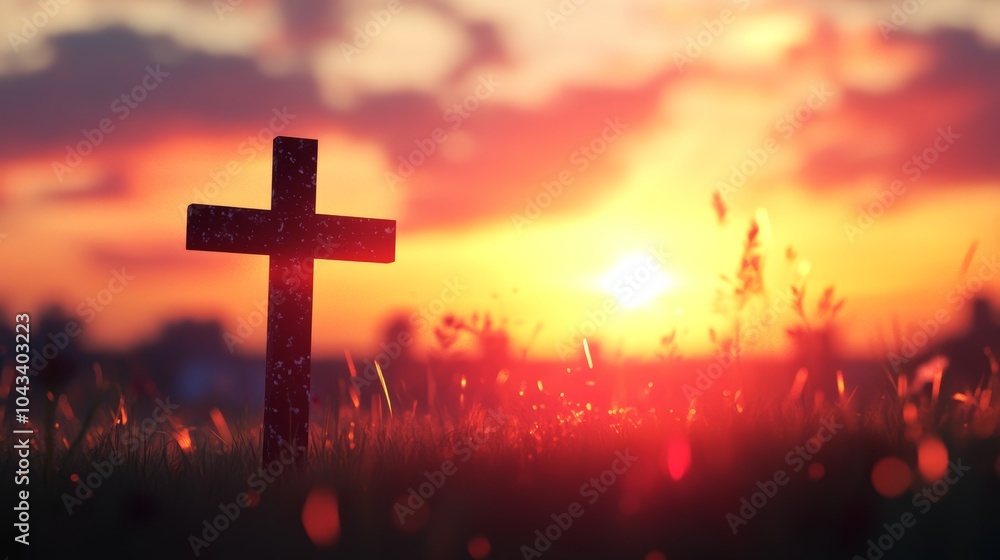 Cross Silhouette on Blurry Sunset Background with Dramatic Lighting in Serene Scene Cross Silhouette on Blurry Sunset Background with Dramatic Lighting in Serene Scene