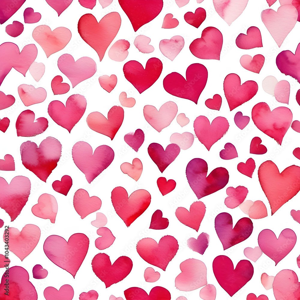 Watercolor seamless pattern of small pink hearts scattered on a soft white background. Watercolor seamless pattern of small pink hearts scattered on a soft white background.