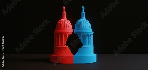 Capitol building under split lighting, half blue and half red, representing the duality of political ideologies and the nations partisan divide