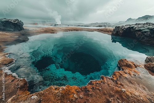 Wide-angle shot of a geothermal energy site in Iceland, with dramatic geysers erupting, colorful hot spring pools, and rugged volcanic rock formation