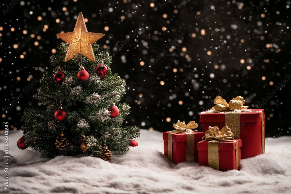 A Christmas tree with a star on top and a red box with a gold bow on top of it. The tree is surrounded by snow and there are three red boxes with gold bows on top of them. The scene is festive A Christmas tree with a star on top and a red box with a gold bow on top of it. The tree is surrounded by snow and there are three red boxes with gold bows on top of them. The scene is festive