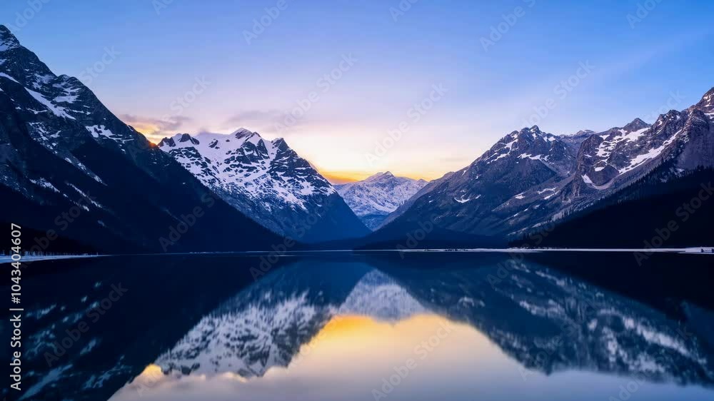 Sunrise to Starry Night: A Timelapse of Snow-Capped Mountains Reflected in a Serene Lake Sunrise to Starry Night: A Timelapse of Snow-Capped Mountains Reflected in a Serene Lake
