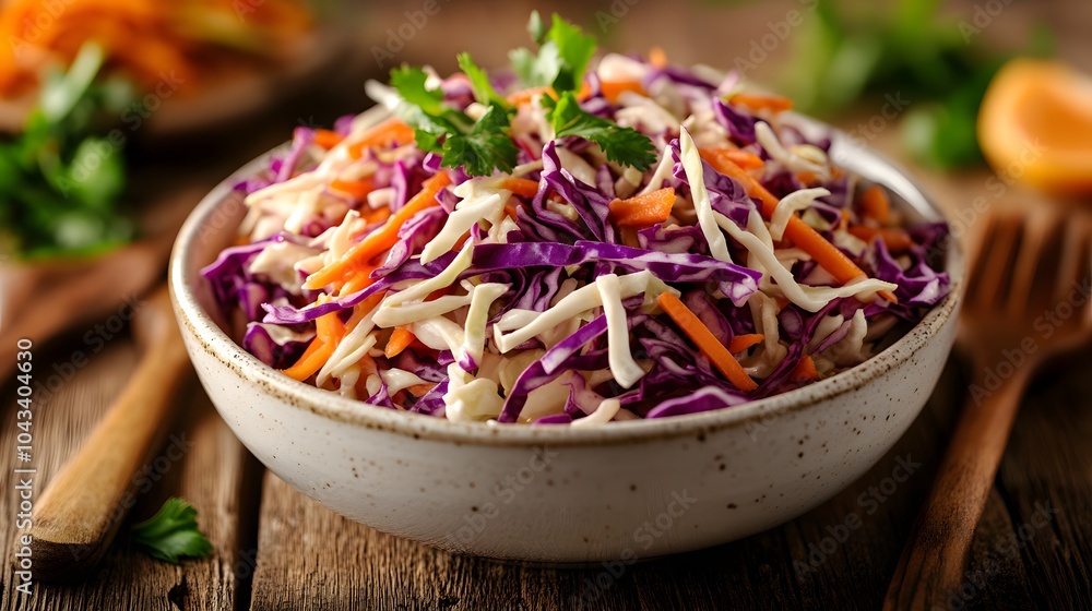 Fresh coleslaw in white bowl on wooden table. Vibrant mix of shredded vegetables with creamy dressing, natural lighting enhancing textures. Fresh coleslaw in white bowl on wooden table. Vibrant mix of shredded vegetables with creamy dressing, natural lighting enhancing textures.