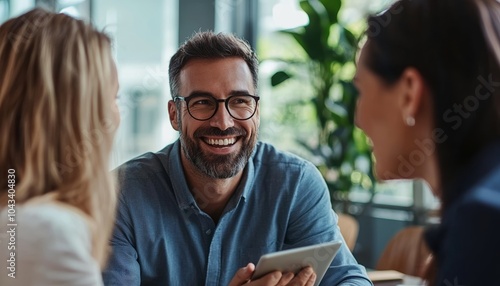 Professional Happy Manager Sharing Ideas with Team in Office