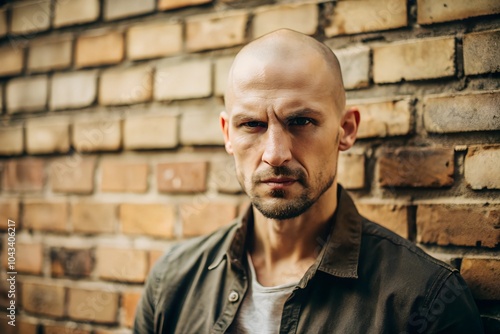 A man with a shaved head standing in front of a brick wall, his expression defiant. The minimalist background emphasizes the intensity of his gaze.