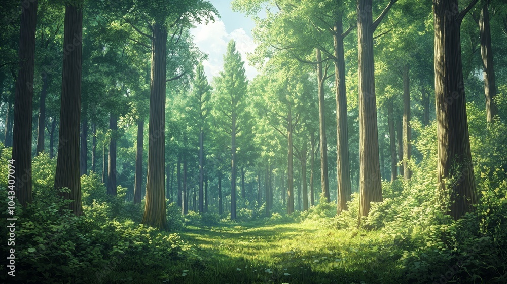 Fototapeta premium Illustration Showcasing the Calm of a Forest with Tall Trees and Bright Sunlight