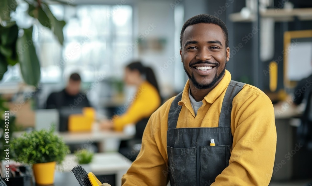 Smiling man wearing yellow shirt and black apron. Smiling man wearing yellow shirt and black apron.
