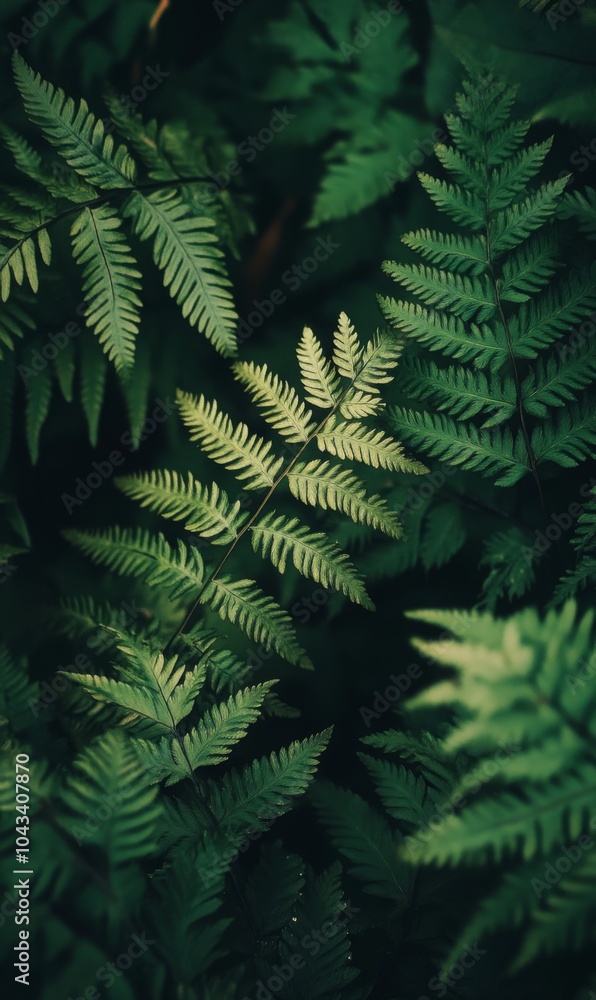 Overlapping fern leaves filling the entire frame, dark green tones with soft, diffused light, creating a mysterious forest atmosphere Overlapping fern leaves filling the entire frame, dark green tones with soft, diffused light, creating a mysterious forest atmosphere