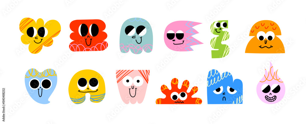 Fototapeta premium Funny cartoon characters in trendy retro style and different geometric shapes. Hand drawn abstract funny cute comic characters sticker pack. Diversity concept.