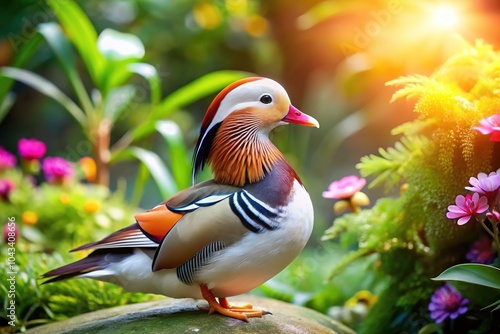 Pristine white mandarin duck, a graceful portrait amidst vibrant greenery.