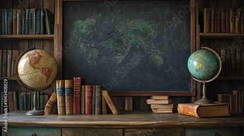 A nostalgic classroom scene with a rustic desk, vintage globes, and old leather books arranged in front of a chalkboard, bringing a retro back-to-school feel.