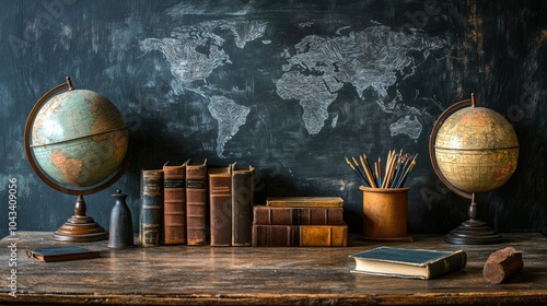 A nostalgic school scene with vintage globes, worn leather books, and old writing tools on a rustic desk, set before a chalkboard, evoking memories of schooldays past.