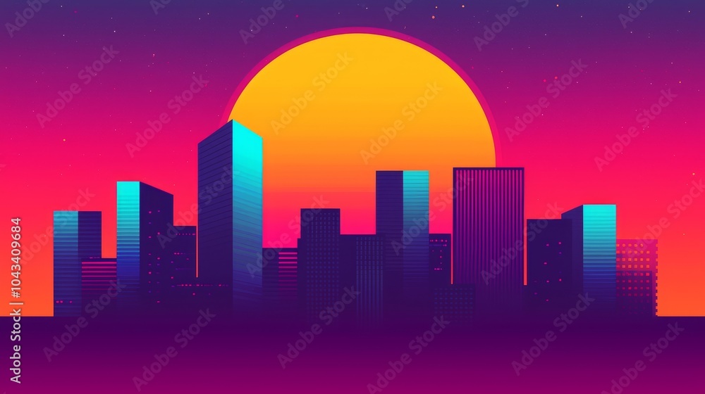 Retro Futuristic Cityscape with Sunset and Stars Retro Futuristic Cityscape with Sunset and Stars
