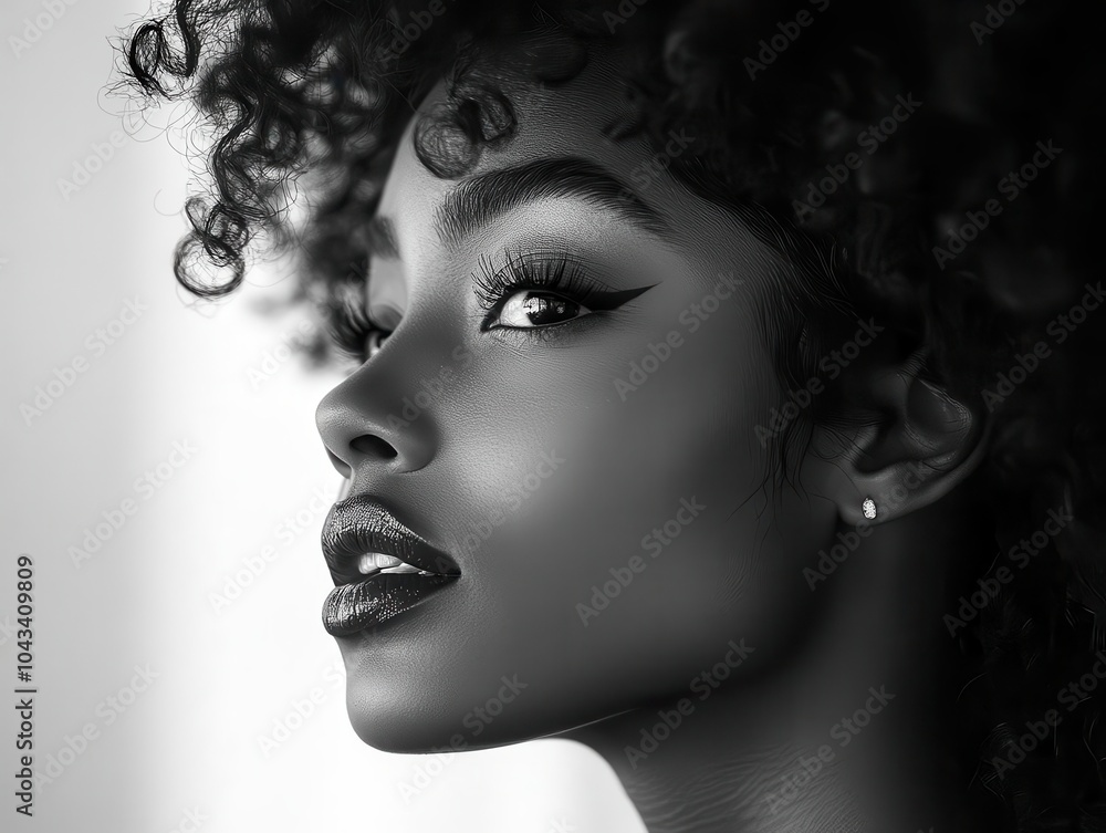 Fototapeta premium silhouette of an african american woman with curly hair thoughtfully gazing to the side against a stark white background, capturing grace, strength, and individuality in a minimalist style