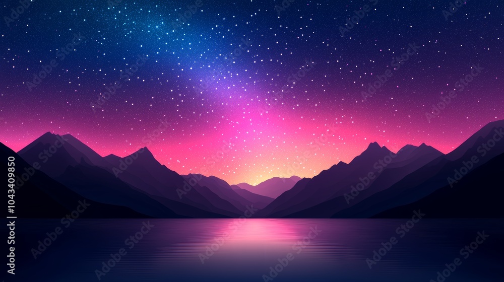 Fototapeta premium Night Sky with Stars and Mountains Reflecting in Lake