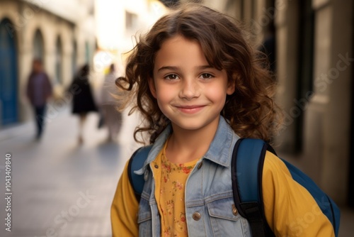 portrait of smiling little girl with backpack on the street at school