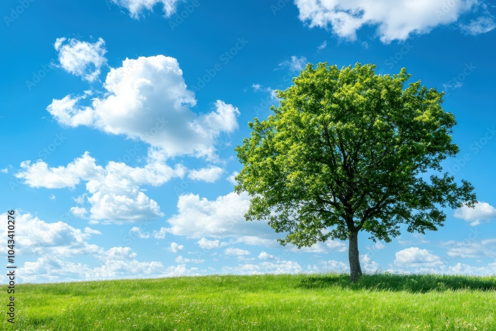 Lush Green Tree Under Blue Sky with Fluffy Clouds Lush Green Tree Under Blue Sky with Fluffy Clouds