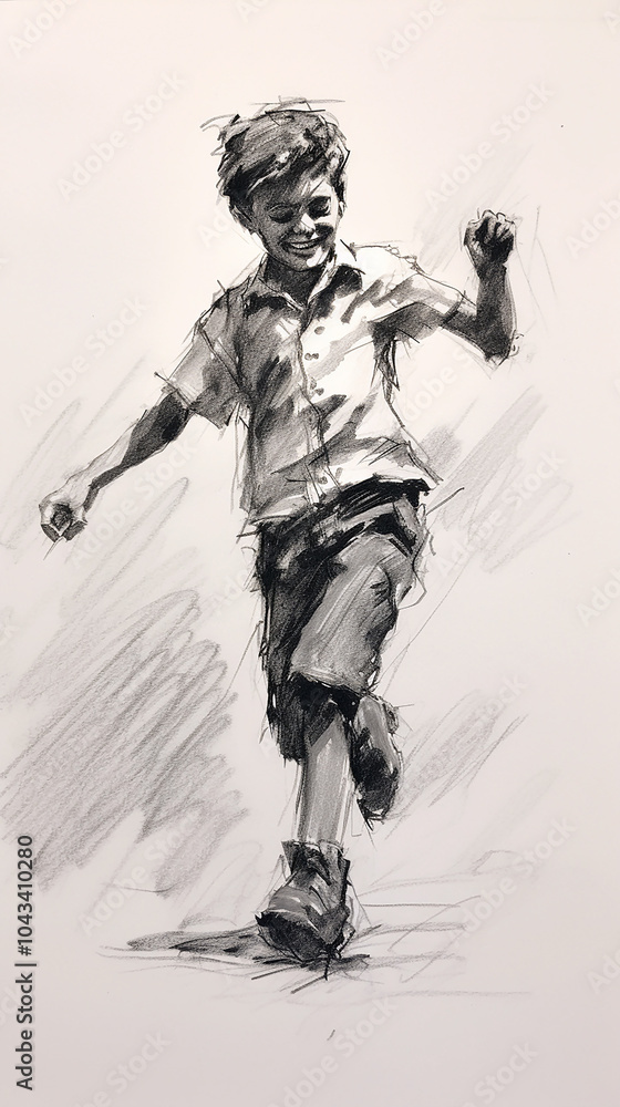 Fototapeta premium Black charcoal pencil drawing of a small active kid dancing in white background with live performance