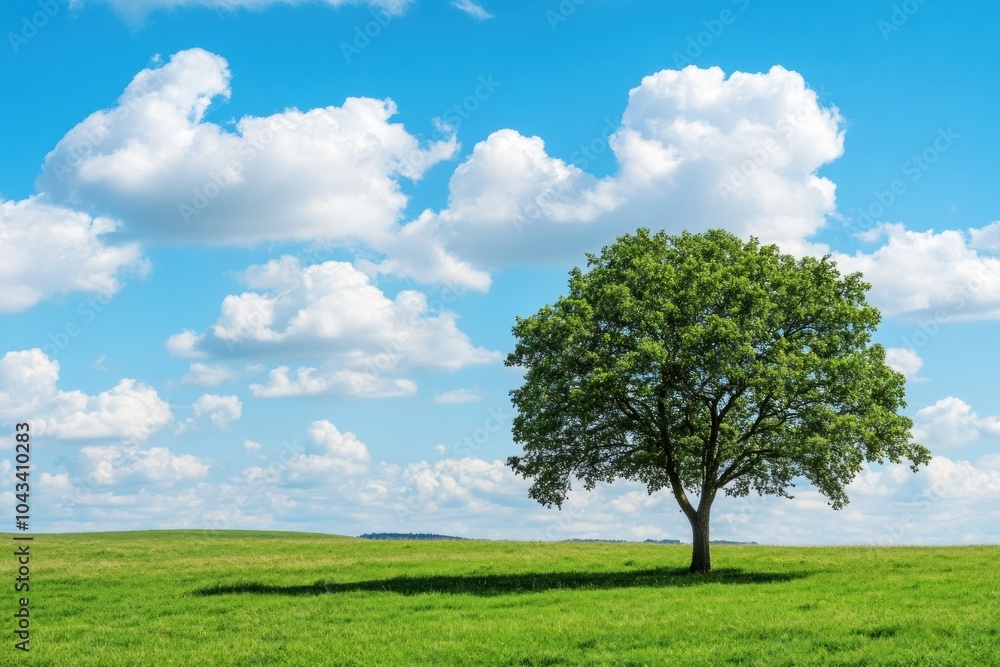 Serene Tree Under Bright Blue Sky and Fluffy Clouds Serene Tree Under Bright Blue Sky and Fluffy Clouds