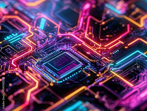 Vibrant Neon Computer Chip Art: Stunning Glass-Encased Design on a Black Circuit Board, Perfect for Tech-Inspired Posters and Modern Home Decor.