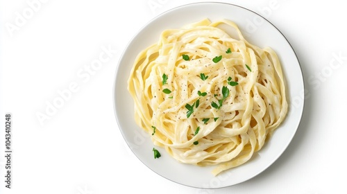 A plate of rich fettuccine alfredo with a garnish of herbs, shot from above on a clean white background, highlighting its creamy texture.