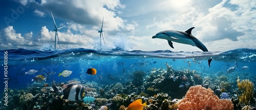 Dolphin leaps above a vibrant coral reef.