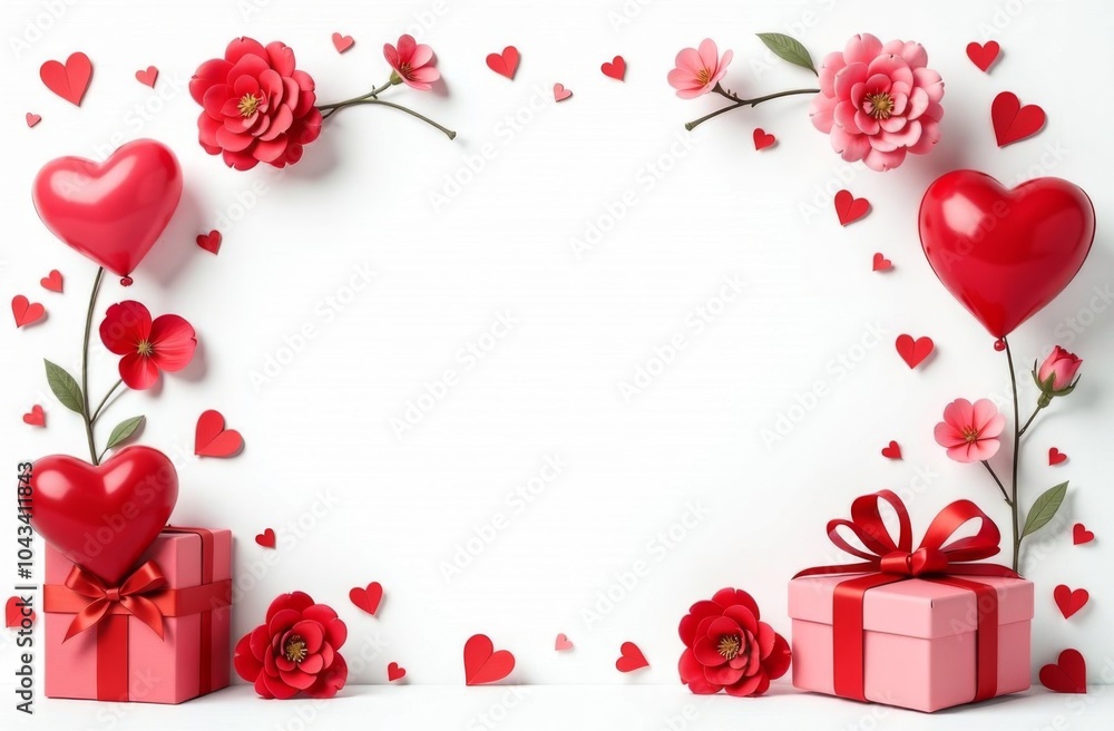 Frame with flowers, gift boxes and hearts on a white background. Happy Valentine's Day. Frame with flowers, gift boxes and hearts on a white background. Happy Valentine's Day.