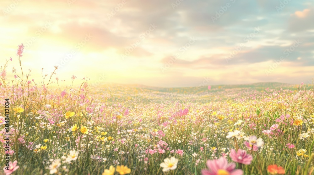 Obraz premium A scenic meadow bursting with vivid flowers in soft focus, with pinks, yellows, and whites blending harmoniously under the warmth of a clear spring sky.