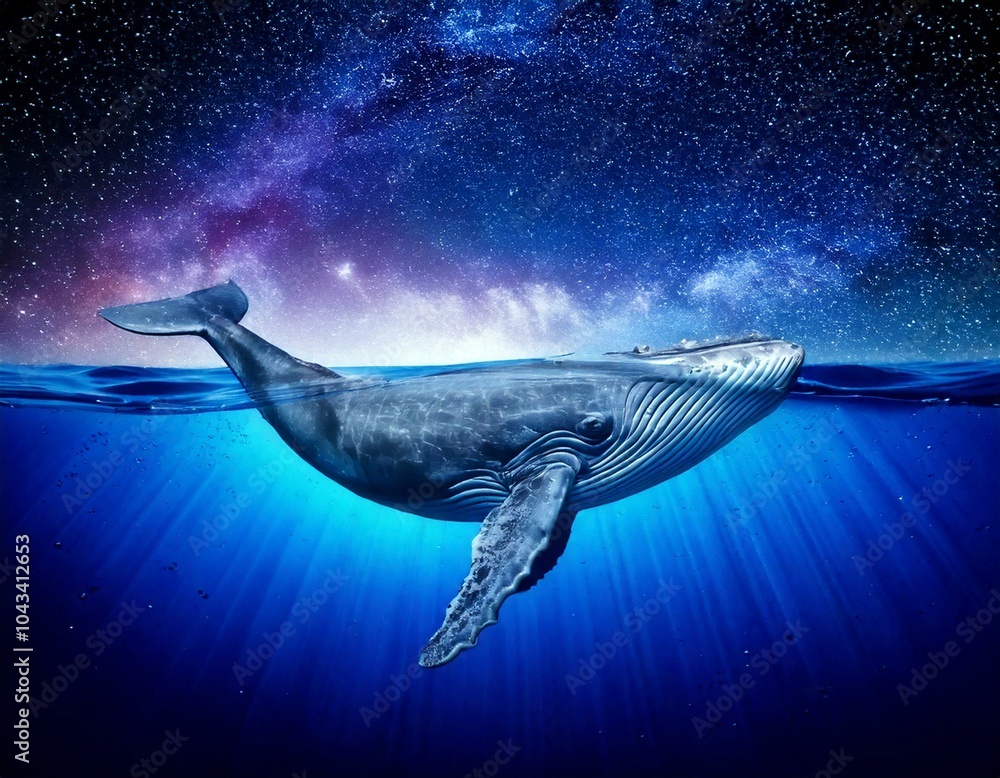 Fototapeta premium whale close to surface with nightsky, AI generated