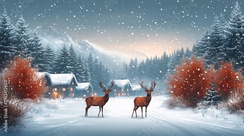 Snowy Forest with Deer in Winter Landscape photo