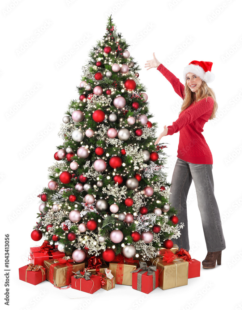 Christmas present, Happy woman showing xmas tree decorated and gift boxes, she wears santa hat, isolated on white background. Perfect for sale offer store promotions or online shopping adv banner