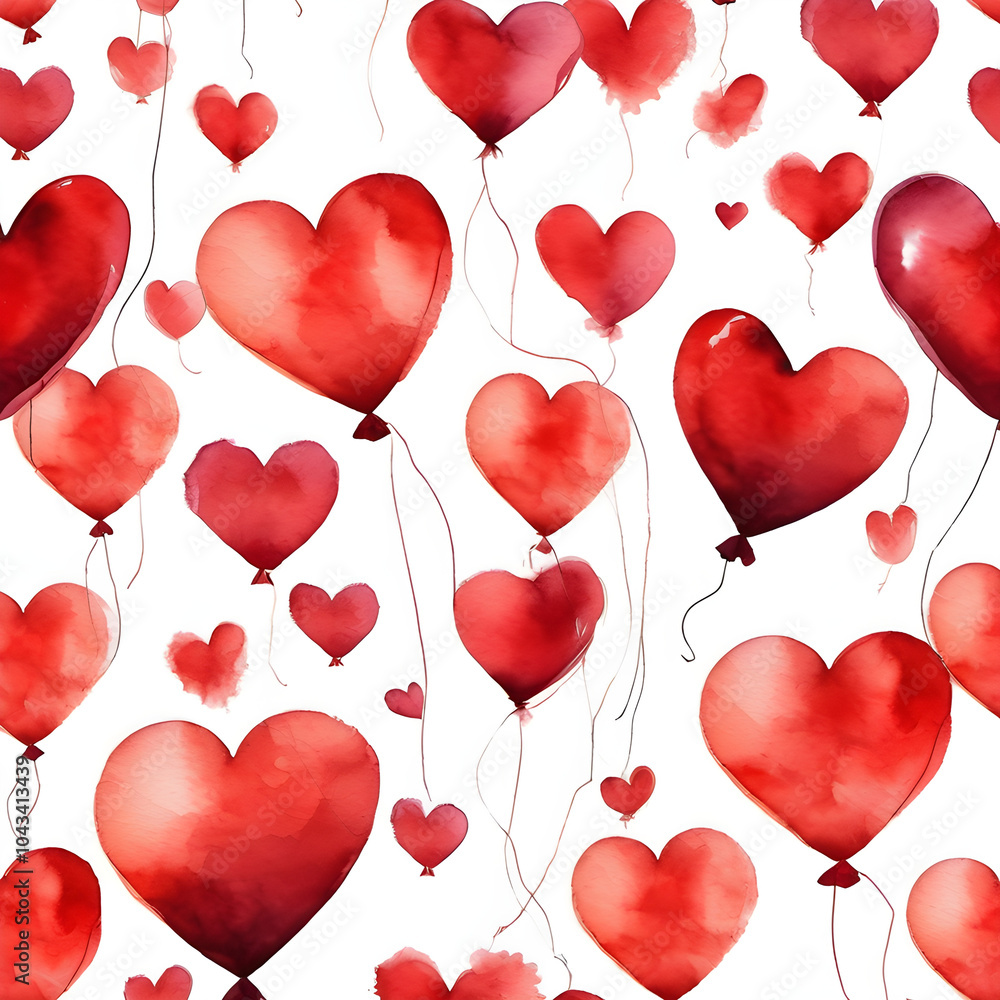 Watercolor seamless pattern of red heart balloons spreading freely on a white background. Watercolor seamless pattern of red heart balloons spreading freely on a white background.