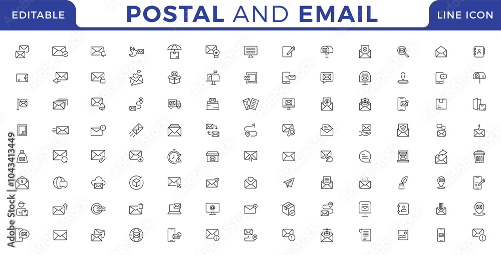 Postal and email line icons collection. Message, envelope, mailing, postal letter, post office and mailbox outline icon set Postal and email line icons collection. Message, envelope, mailing, postal letter, post office and mailbox outline icon set