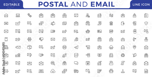 Postal and email line icons collection. Message, envelope, mailing, postal letter, post office and mailbox outline icon set