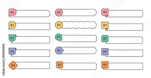 Set of minimal line banners, labels, ribbons, emblems, frames, tags, points, speech bubbles and arrows decorative icons. It is used as a design template source for business, events, etc.