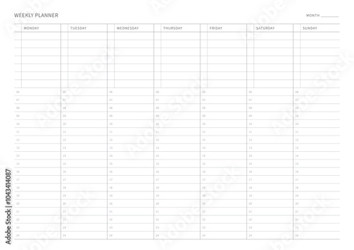 A weekly plan design template in a modern, simple, and minimalist style. Note, scheduler, diary, calendar, planner document template illustration.